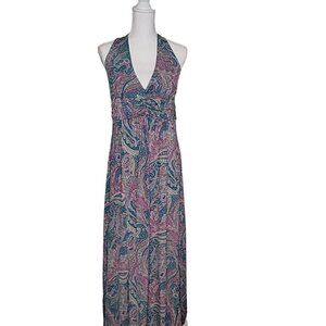 Lovely Dress by Westloop Size L Halter Full Length V Neck Stretch Patterned Blue